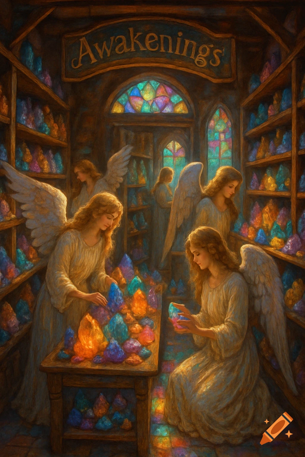 Angels in a magical shop filled with glowing colorful crystals and a sign that reads 'Awakenings', in a painterly style.