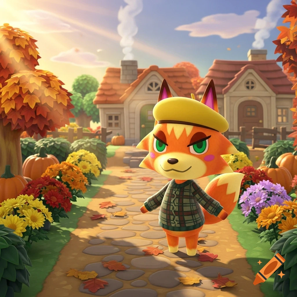 An orange fox villager in a beret and plaid shirt stands on an autumnal path with houses, pumpkins, and flowers, Animal Crossing style.