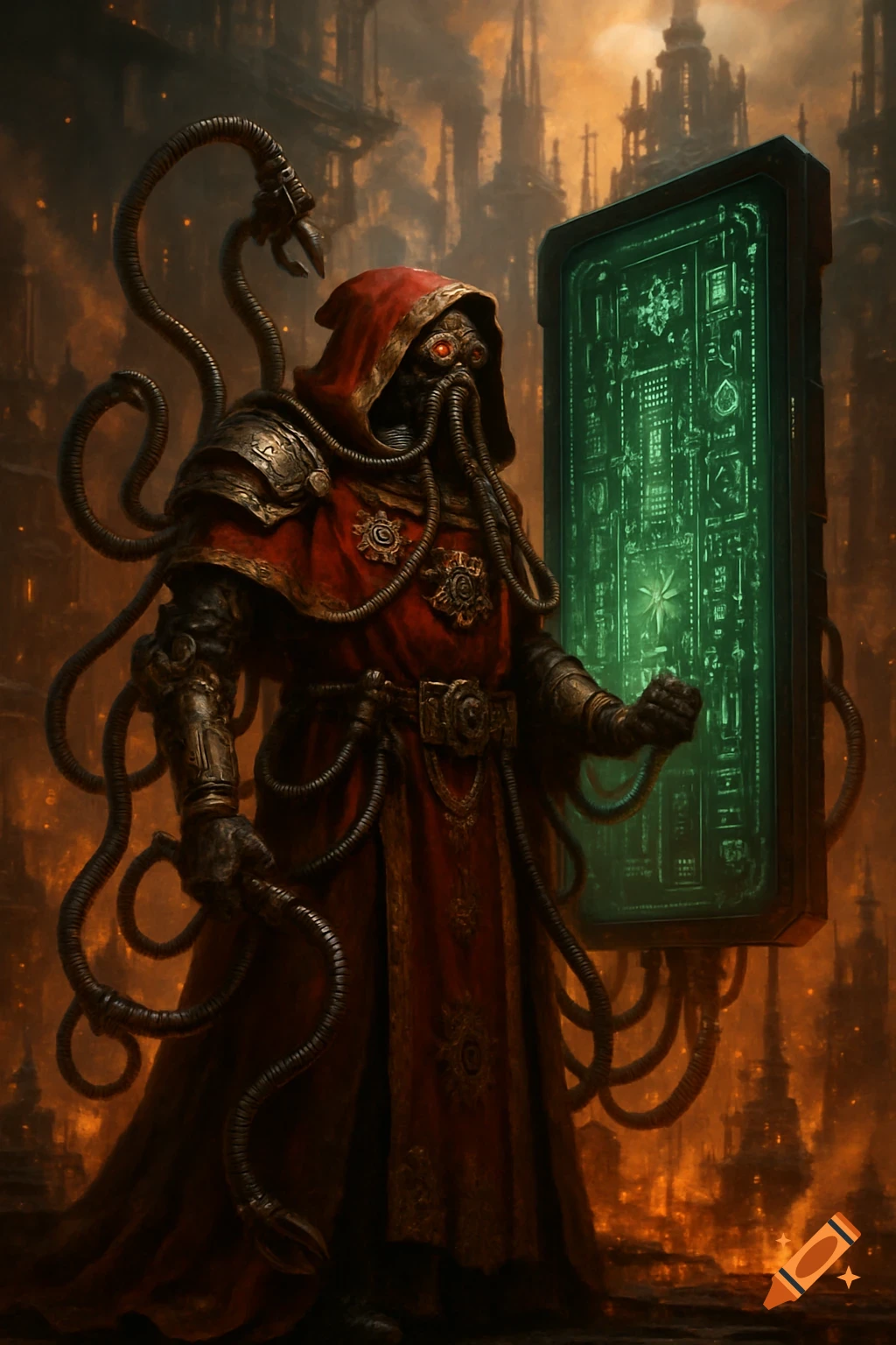 A hooded Mechanicus-like figure with a gas mask face, glowing red eyes, and many mechanical tentacles stands holding a glowing green digital tablet in a dark, industrial gothic city under an orange, fiery sky.