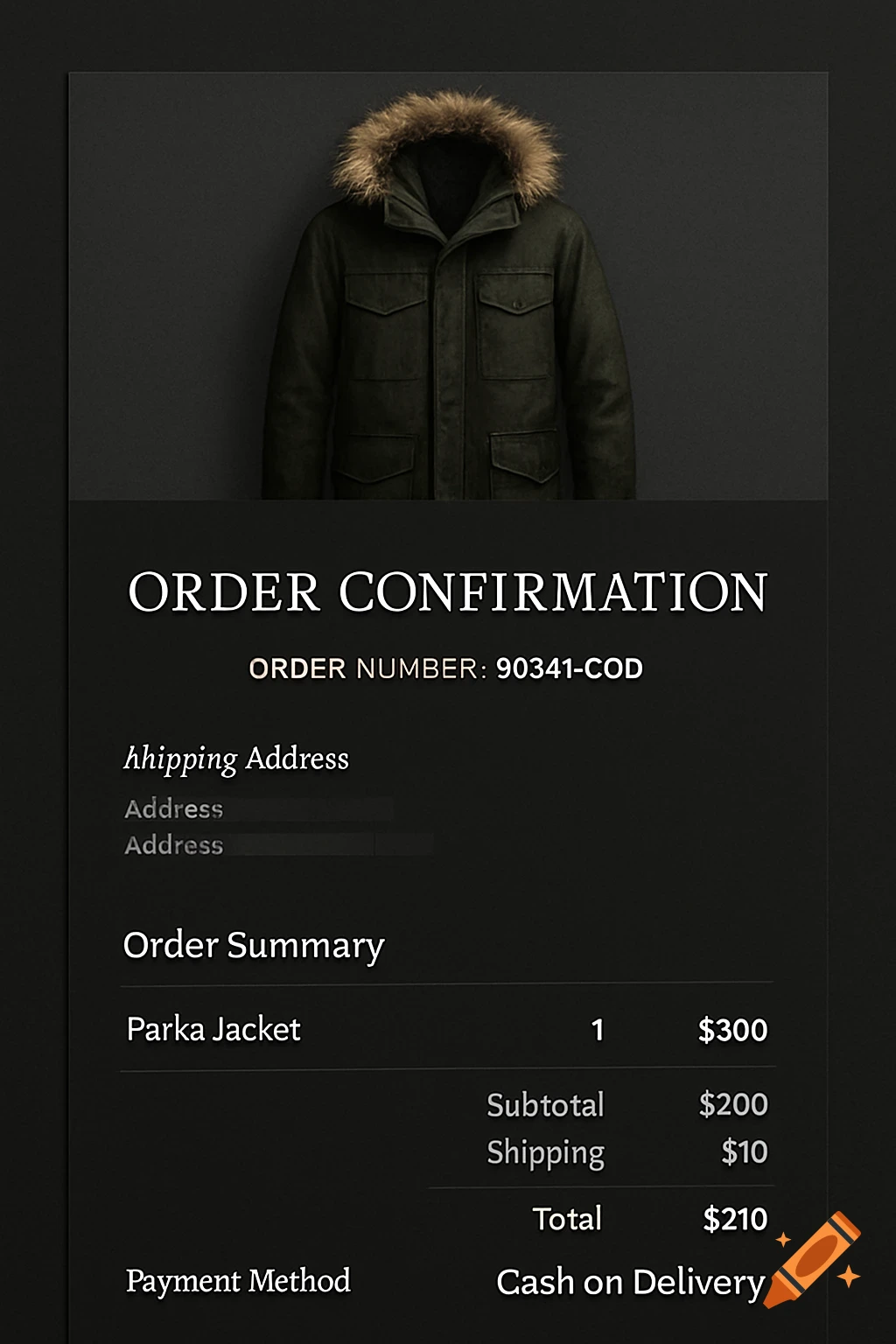 Dark-themed order confirmation displaying a green parka jacket, order summary, and Cash on Delivery payment details.