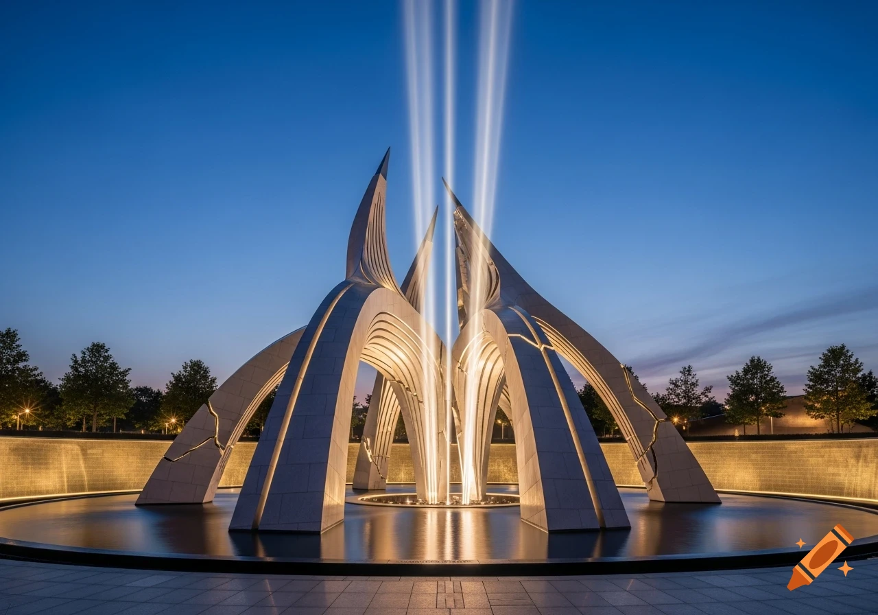 Futuristic memorial monument with flowing white curved lines, illuminated by light beams rising into the twilight sky over a reflective pool.