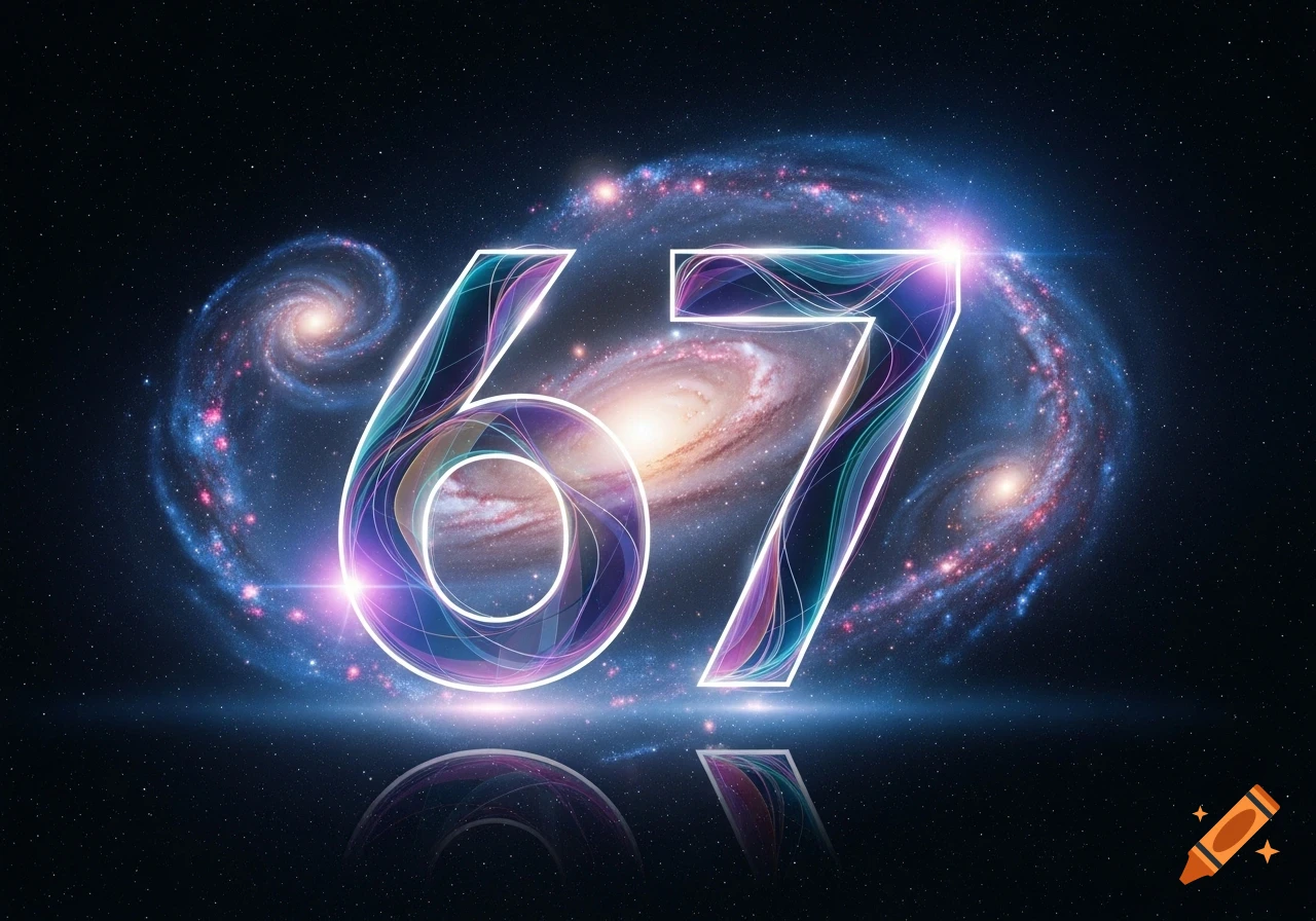 Stylized, glowing number 67 against a backdrop of colorful galaxies and stars.