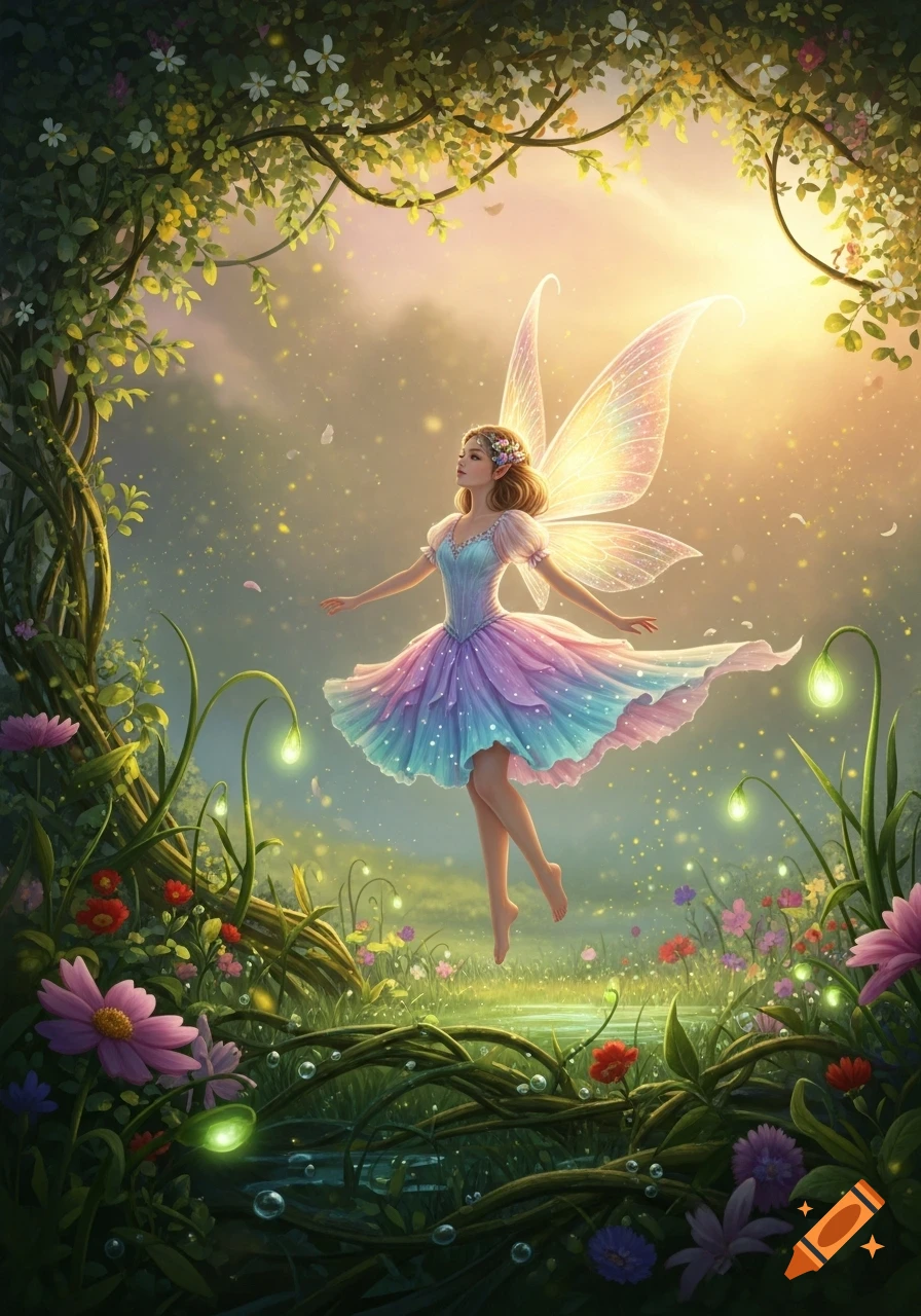 A whimsical fairy with luminous wings and a colorful dress floats in a magical forest with glowing plants and dappled sunlight.