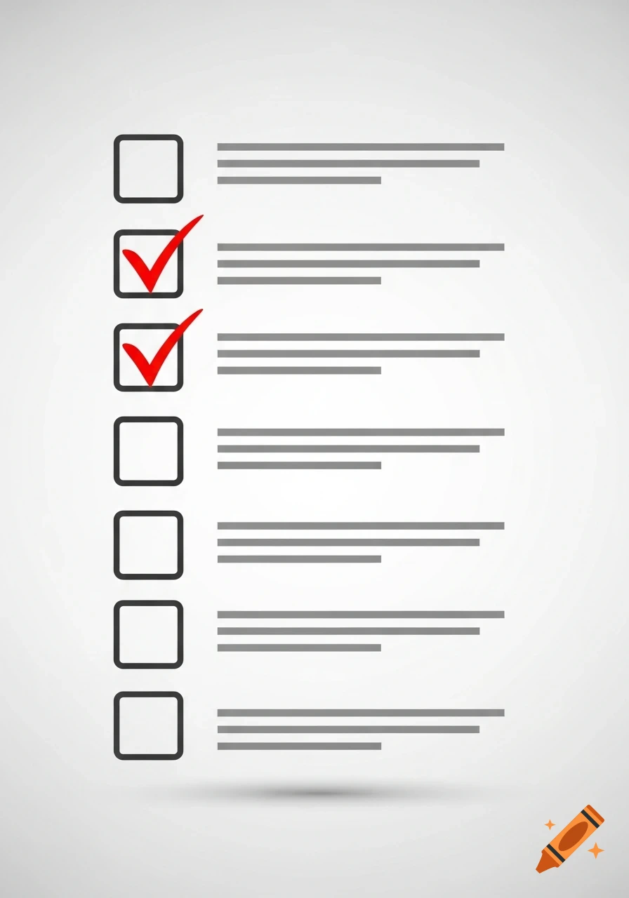 A vertical checklist with seven empty square boxes and lines next to them. The top two boxes are checked with red checkmarks.