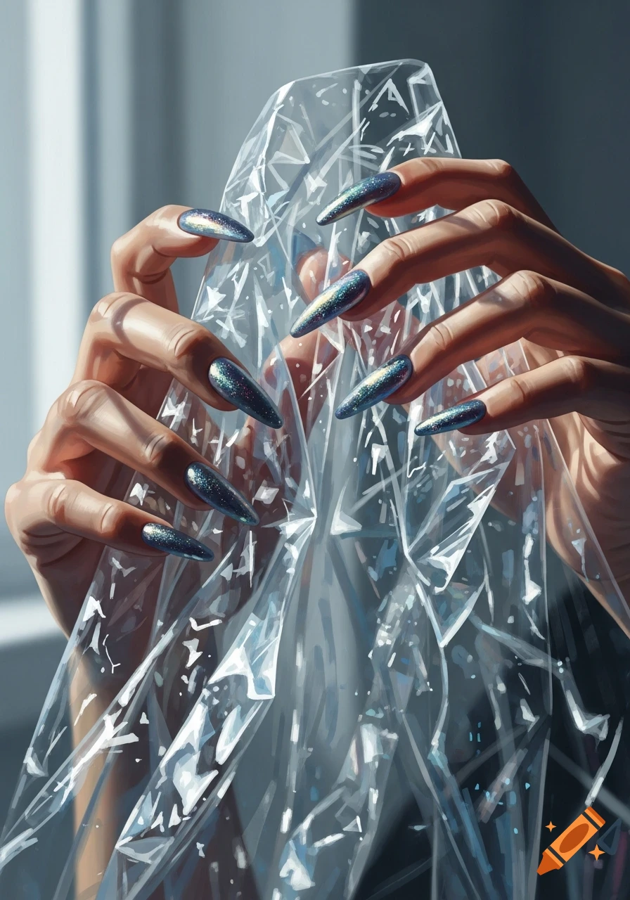 Close-up of hands with long, sparkly blue stiletto nails crumpling clear plastic film.