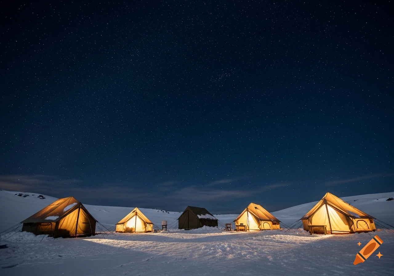 Illuminated tents in a snow-covered landscape under a vast, star-filled night sky.