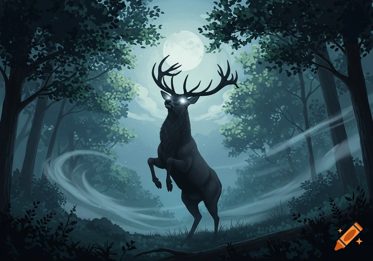 A dark deer with glowing white eyes and large antlers stands on its ...
