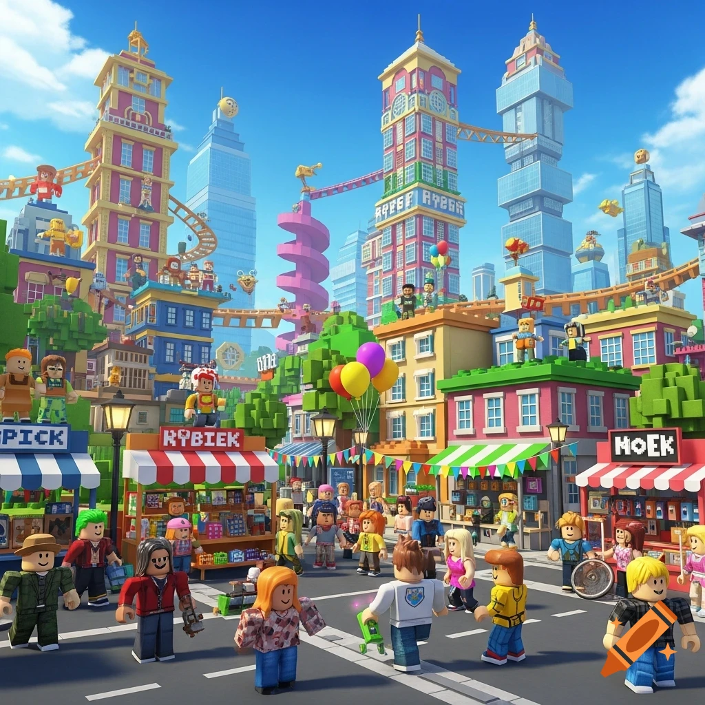 A vibrant, blocky cityscape filled with Roblox-style characters walking on streets and in shops, with tall colorful buildings.