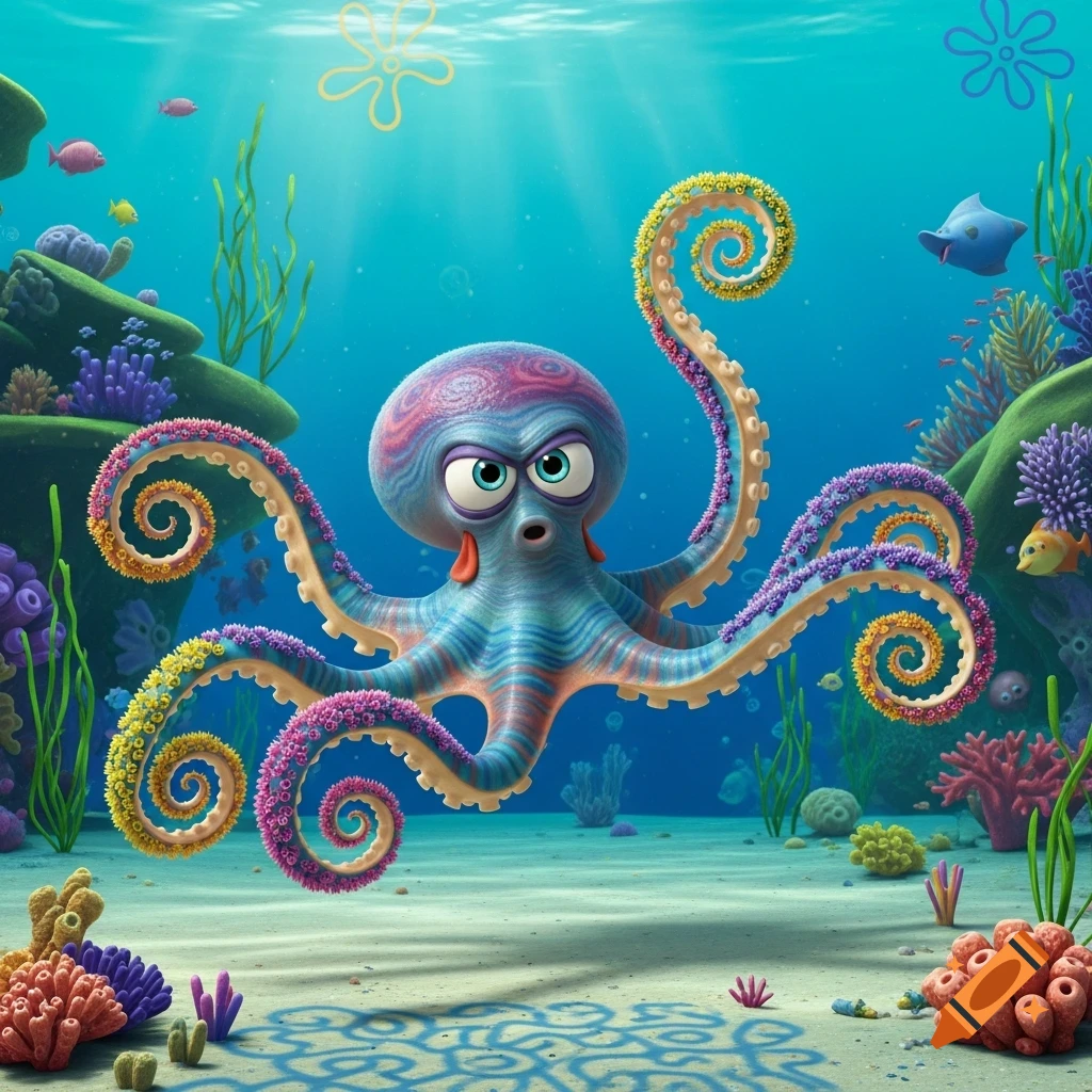 A vibrant cartoon octopus with a grumpy expression swims underwater amidst colorful coral and seaweed.