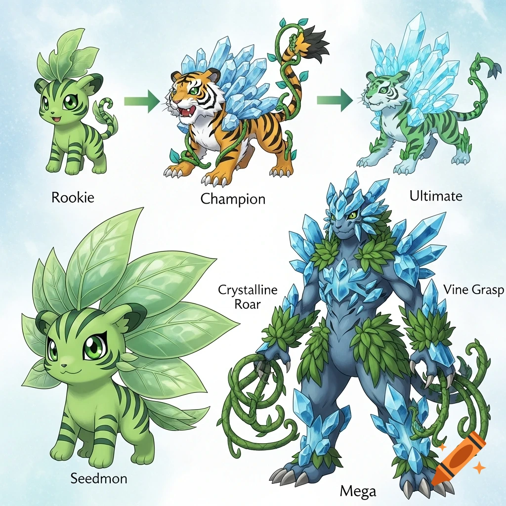A cartoon evolution chart shows a green, plant-like tiger monster evolving through Rookie, Champion, Ultimate, and Mega forms, adorned with leaves and blue crystals.