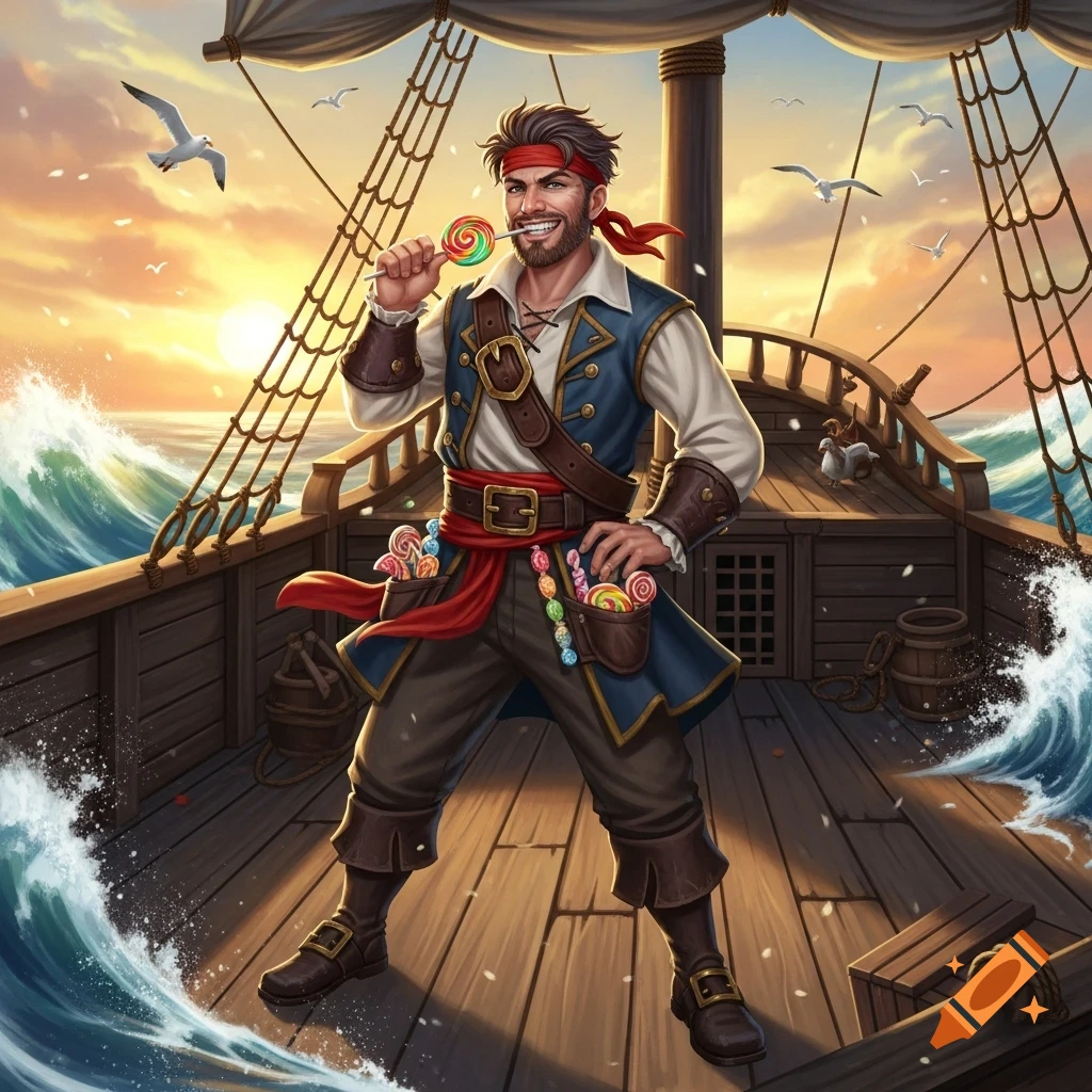 A cheerful, cartoonish pirate with a red bandana and beard holds a lollipop, standing on a ship deck at sunset with colorful candies in his pockets.