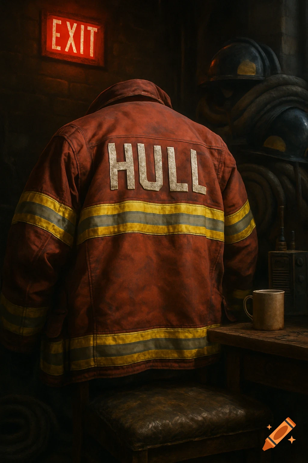 Photorealistic image of a red firefighter jacket with 'HULL' on the back, hanging in a dimly lit room with helmets, a radio, and an EXIT sign.