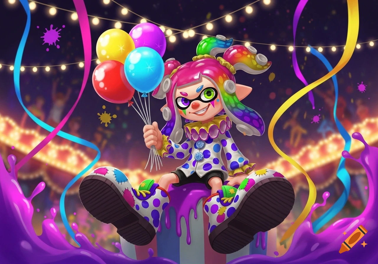 A vibrant cartoon inkling character from Splatoon, dressed as a colorful clown, holds balloons in a festive carnival scene.