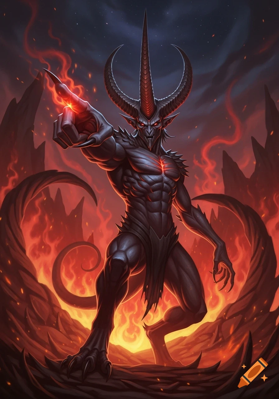 A powerful, muscular devil with large horns and glowing red eyes points forward with a fiery finger in a hellish, flaming landscape.