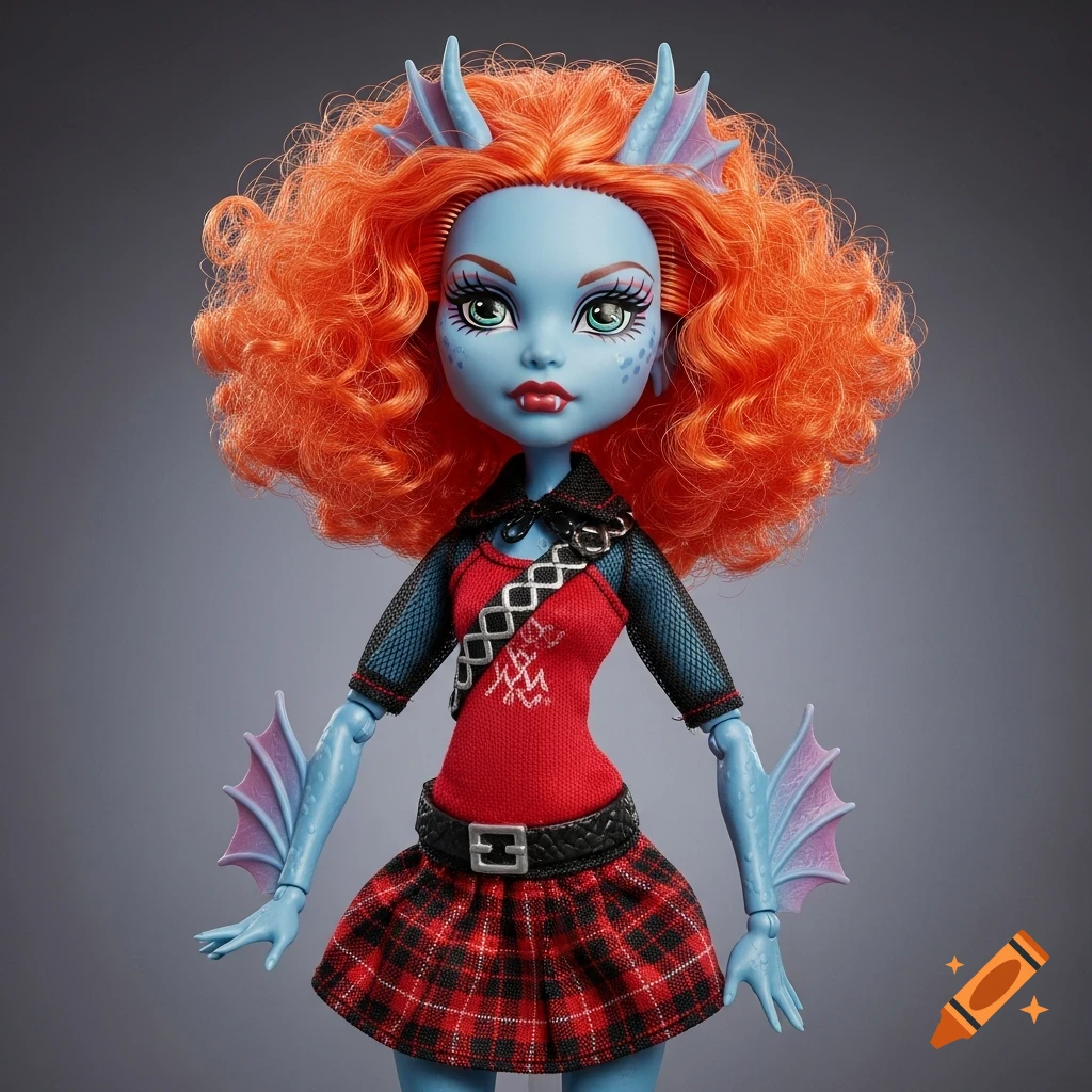 A Monster High doll named Lorna McNessie with blue skin, orange curly hair, fins on her arms, and a red and black plaid outfit.