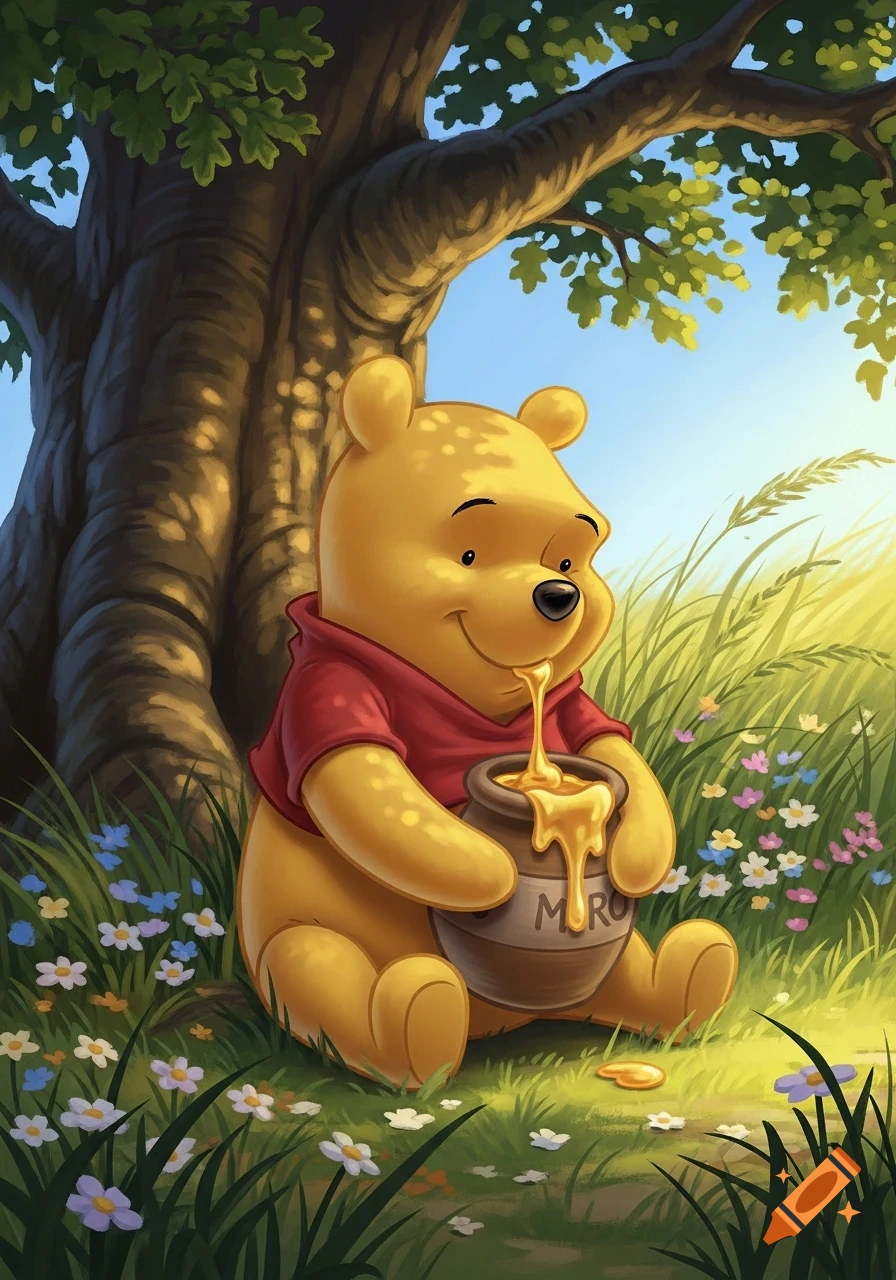 Winnie the Pooh sitting under a tree, happily eating honey from a pot in a vibrant cartoon style.