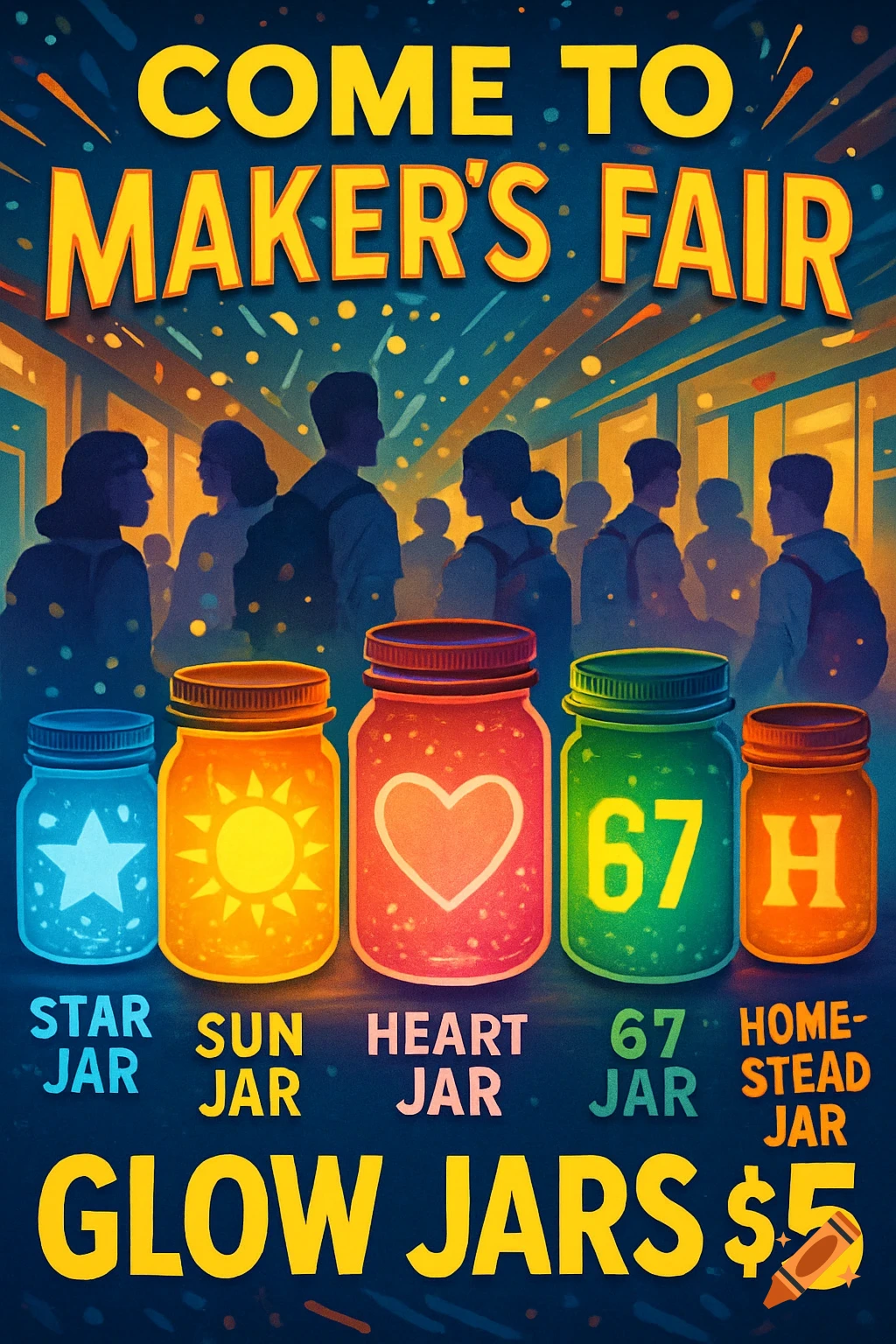 A vibrant poster for a Maker's Fair, advertising Glow Jars for $5. Five colorful jars are labeled Star, Sun, Heart, 67, and Homestead. Silhouetted people are in the background.