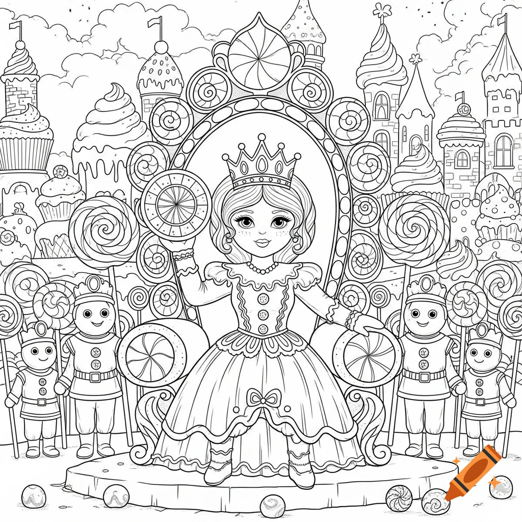 Black and white coloring page of the Gingerbread Queen on a candy throne, holding lollipops, with candy guards in a candy kingdom.