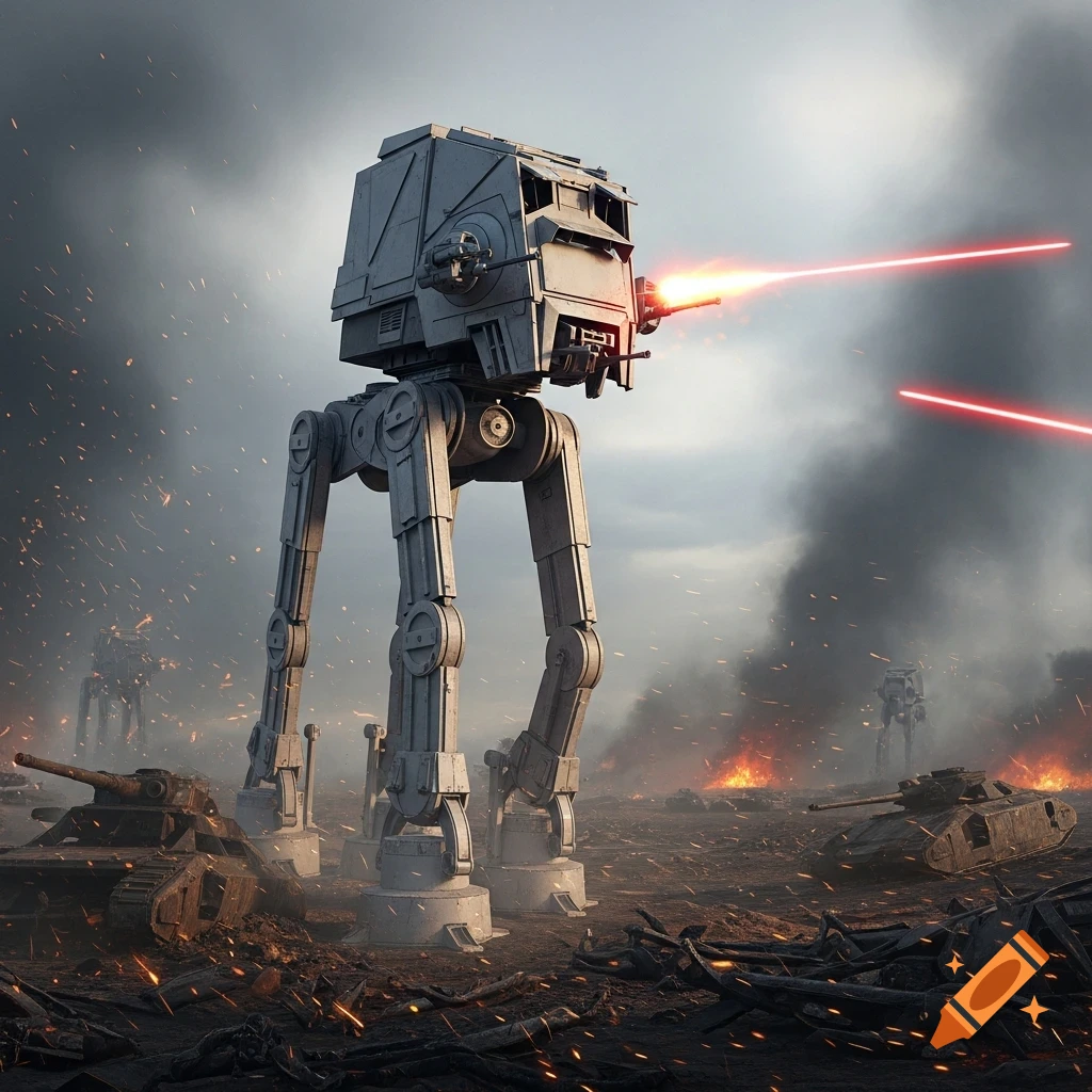 Photorealistic Star Wars AT-ST walker firing red lasers on a smoky, fiery battlefield with tank wrecks.