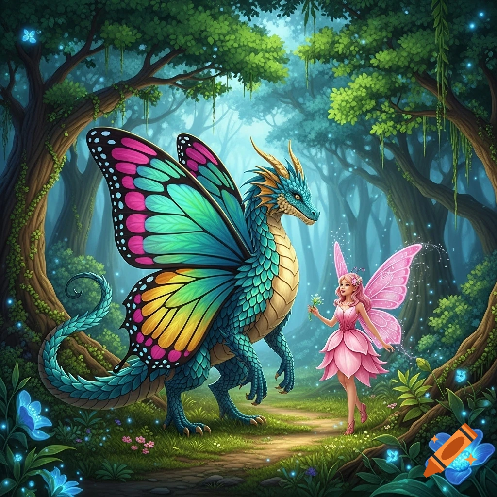 A colorful butterfly-winged dragon and a pink fairy with a flower stand in a vibrant enchanted forest.