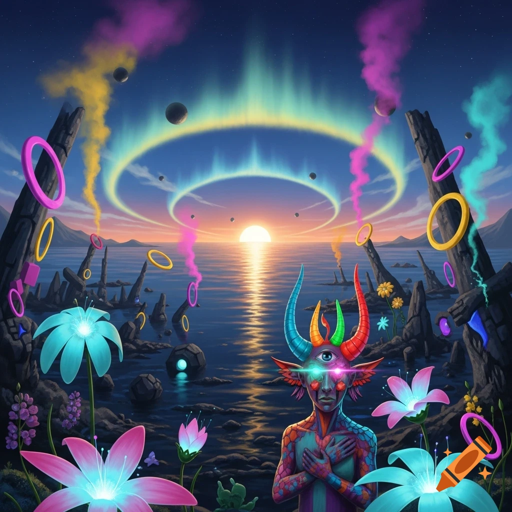 A vibrant, surreal landscape at sunset with a horned, multi-eyed alien creature, glowing plants, floating rings, and colorful smoke.
