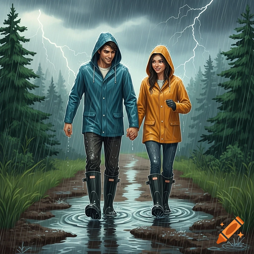 An illustration of a couple in raincoats and boots walking hand-in-hand down a muddy forest path during a rainstorm with lightning.