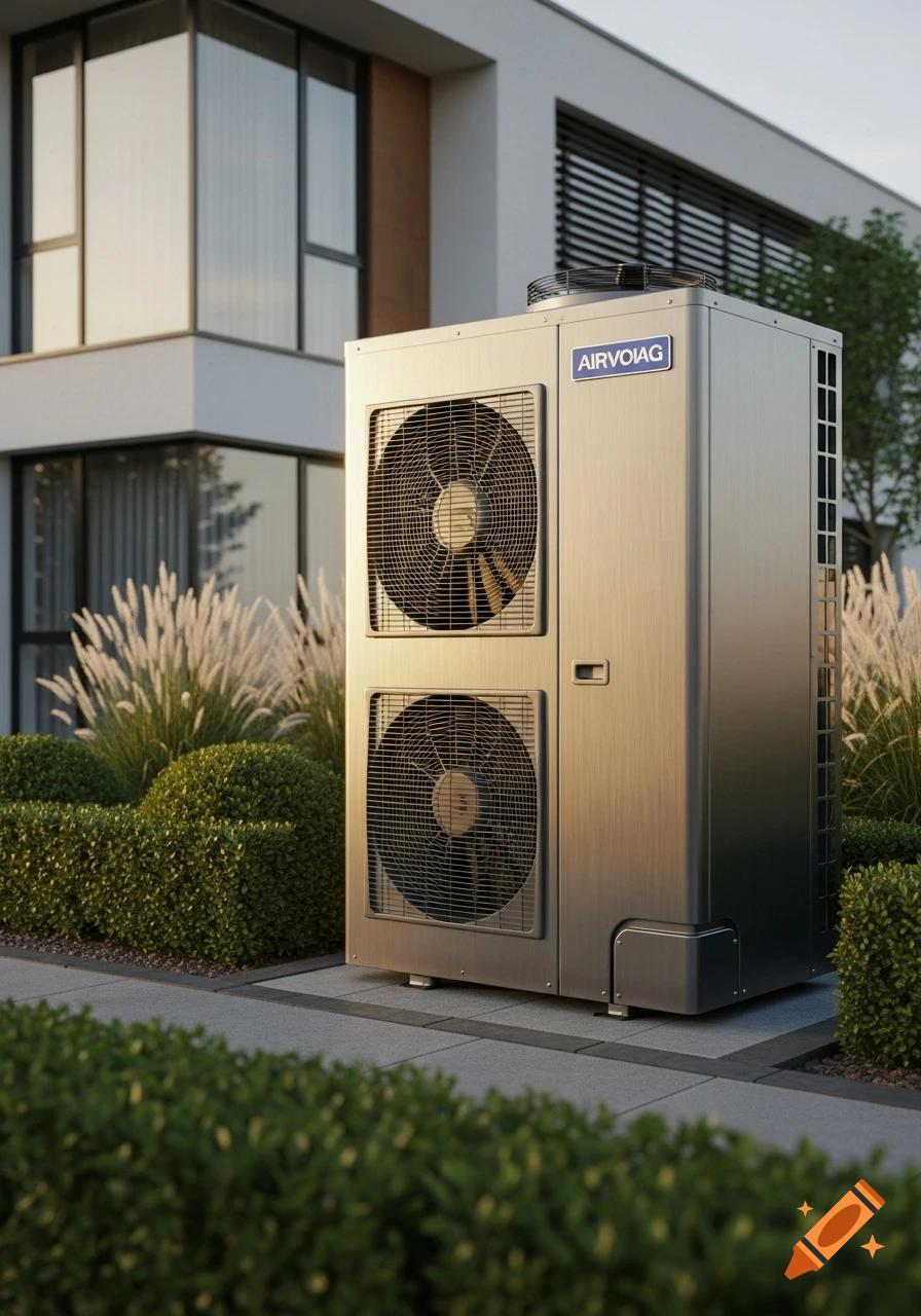 Photorealistic outdoor view of a modern 'AIRVOIAG' air-to-water heat pump next to a contemporary building with large windows and landscaping.