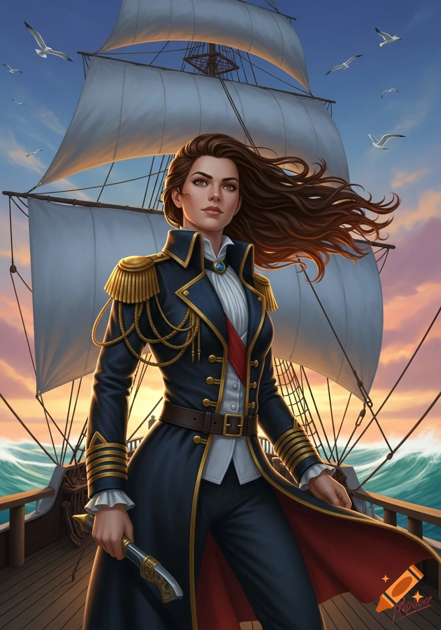 A determined female sea captain stands on a ship's deck at sunset, holding a knife, with sails and seagulls in the background. Detailed illustration.