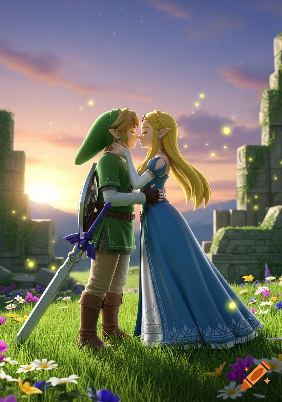 Link and Zelda about to kiss in a field of flowers with ancient ruins and a sunset sky, in a 3D animated style.