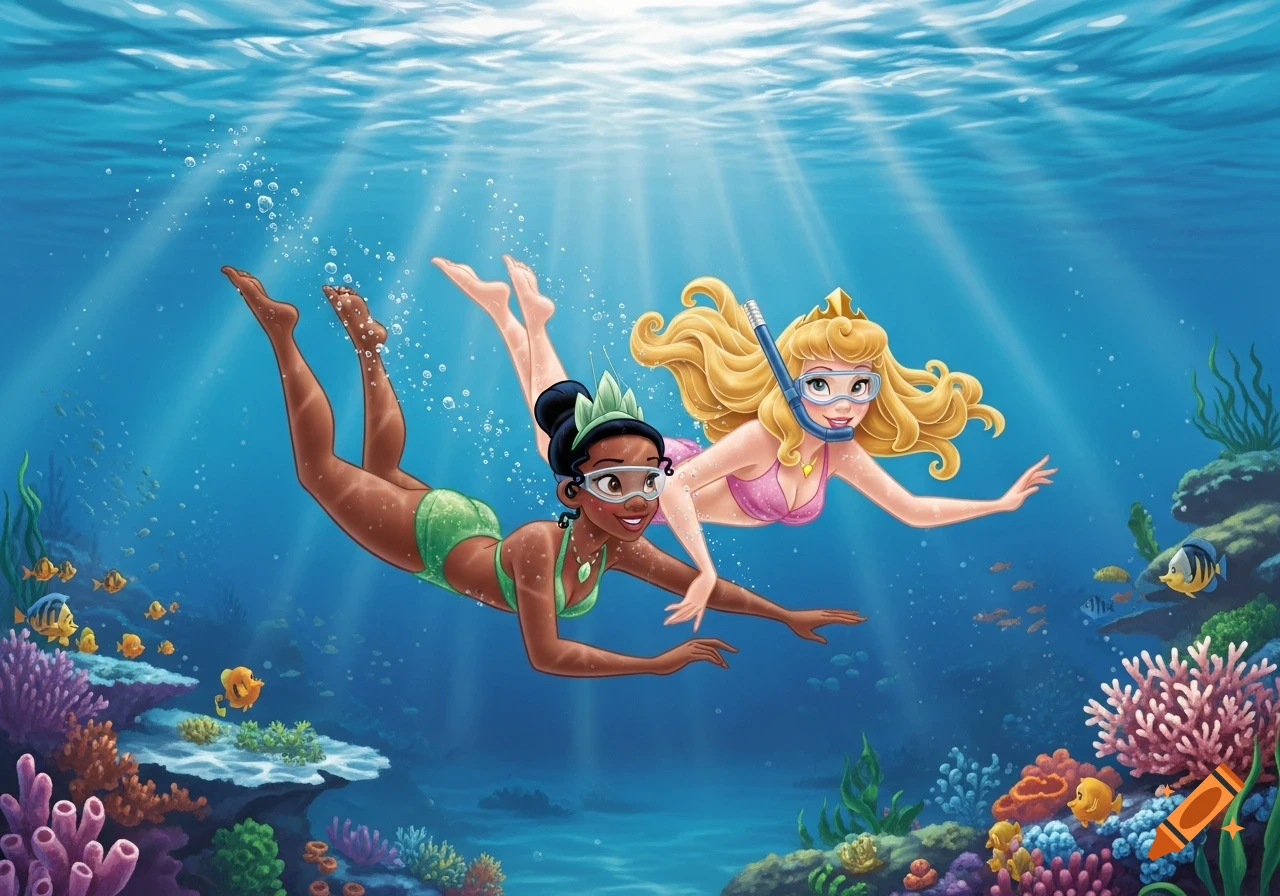 Princess Tiana and Princess Aurora swimming underwater in bikinis and goggles, surrounded by a vibrant coral reef and fish.