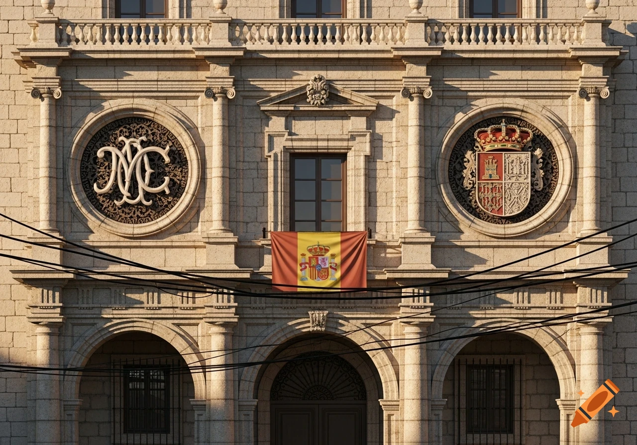 Close-up of a detailed stone building facade with a Spanish flag hanging below a window. A decorative 'MC' monogram is in a left circular medallion, and the Spanish Royal Coat of Arms is in a right circular medallion.