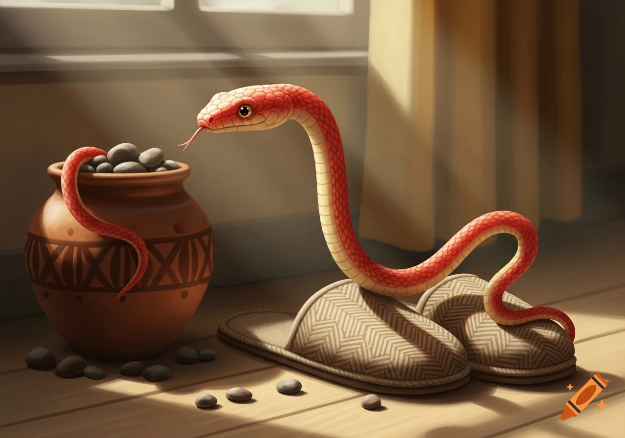 A red snake stands on beige slippers, its tail curled inside a patterned clay pot filled with pebbles, in a sunlit room.