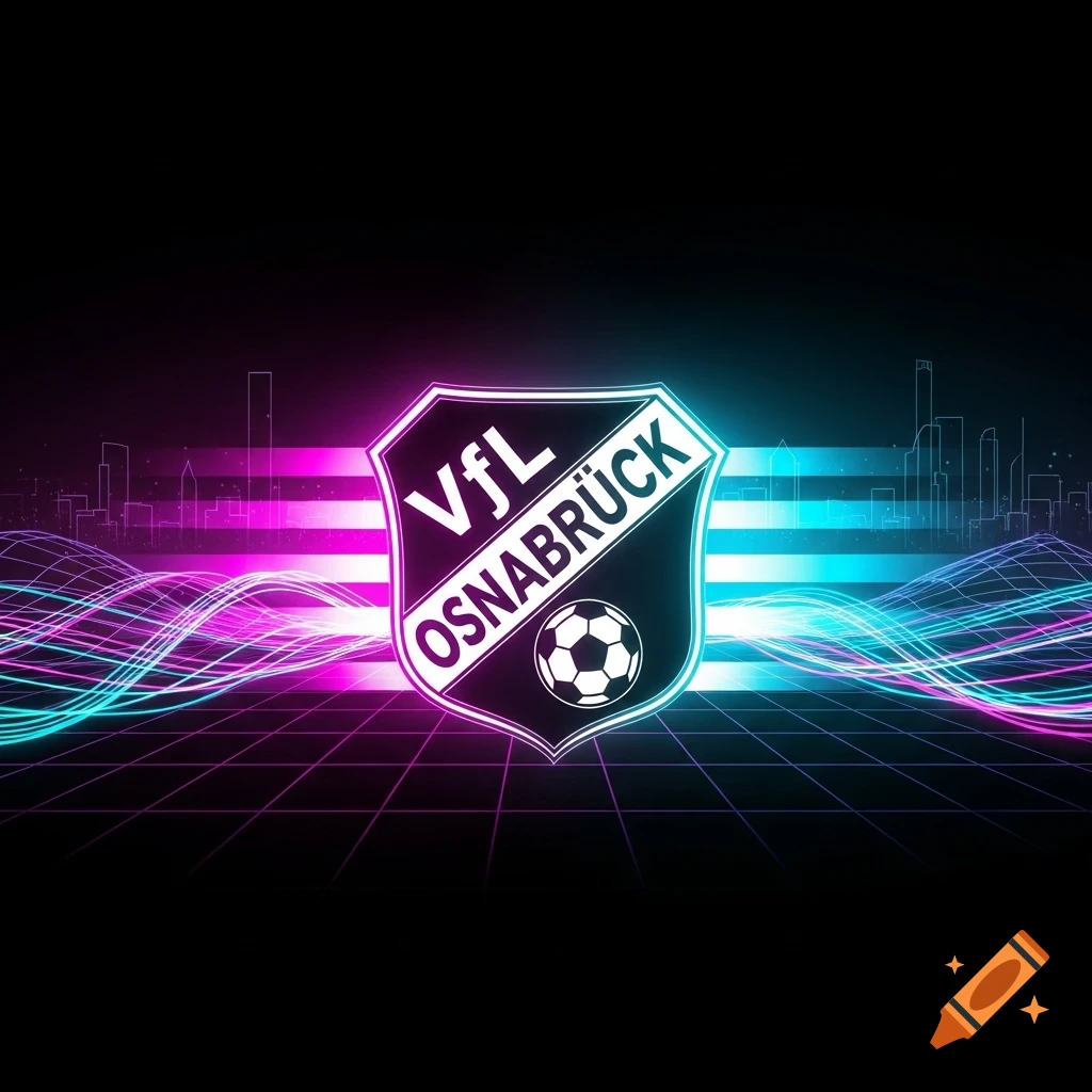 A black shield logo with "VfL OSNABRÜCK" and a football icon, set against a neon pink and blue retrowave background with a city skyline.