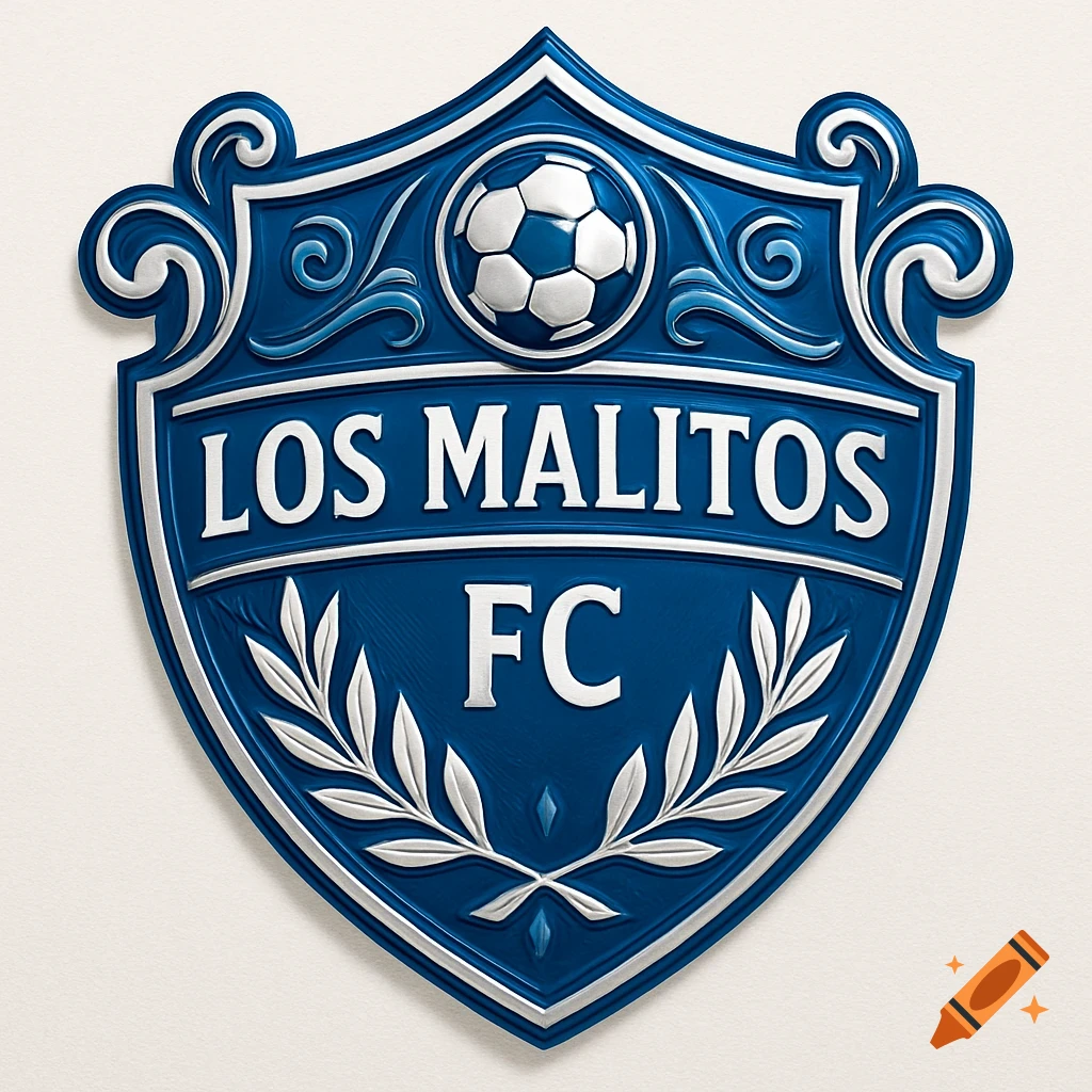 Blue and white soccer team crest with a soccer ball, laurel leaves, and the text 'LOS MALITOS FC' in an embossed style.