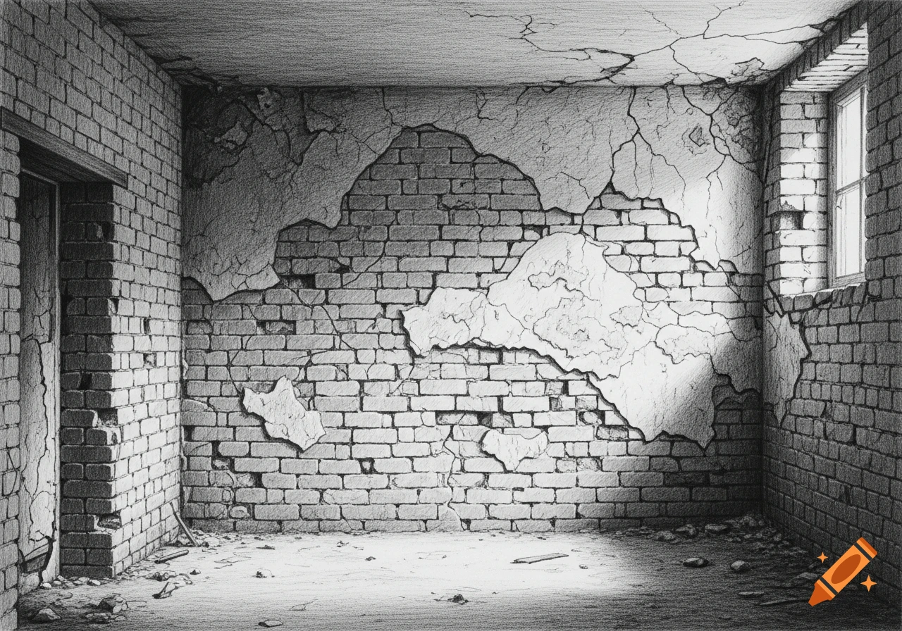 A greyscale pencil drawing of a dilapidated room with crumbling brick walls, a door, a window, and debris on the floor.