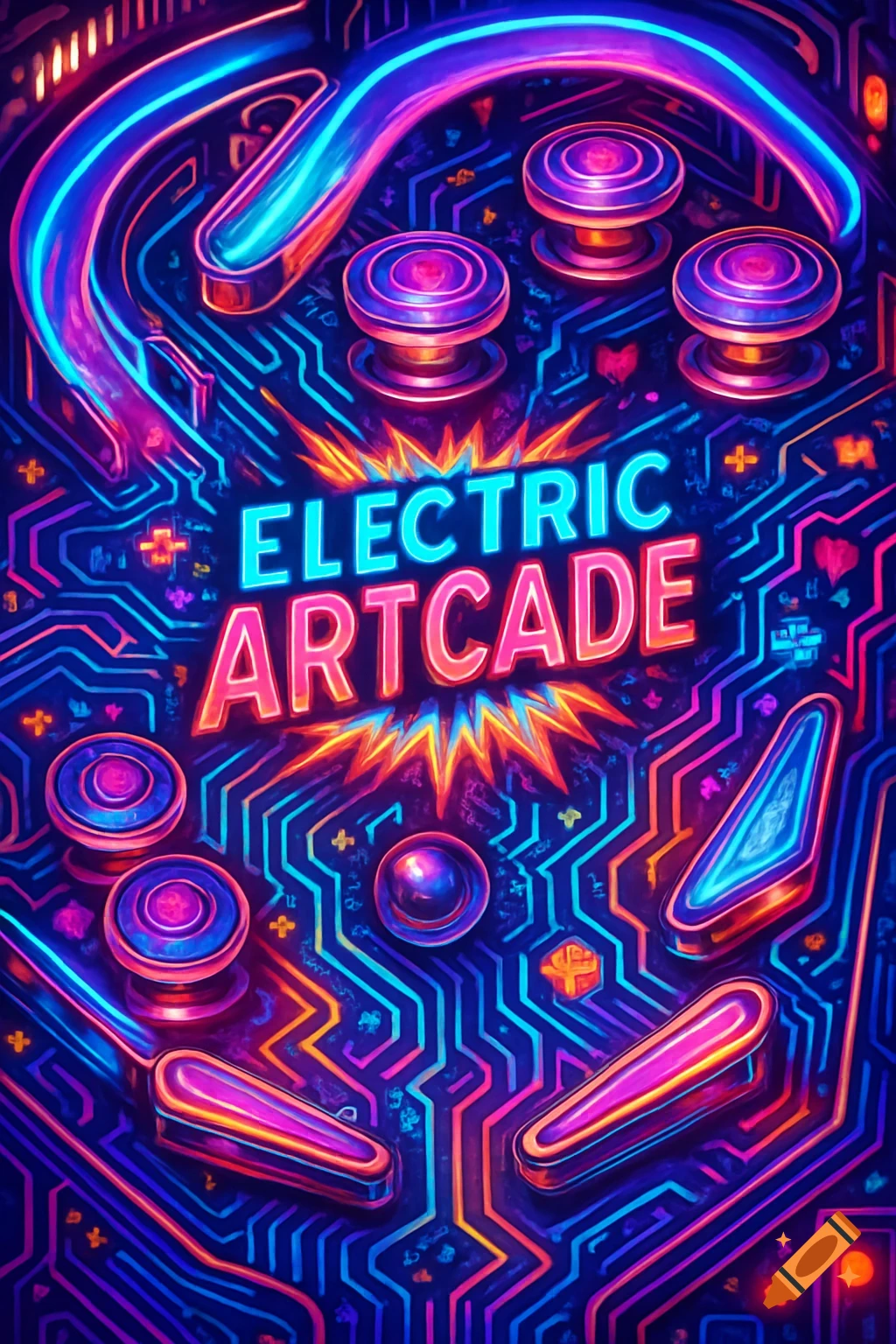 Vibrant, retro-style pinball table with neon lights, electric circuitry patterns, and "ELECTRIC ARTCADE" text.