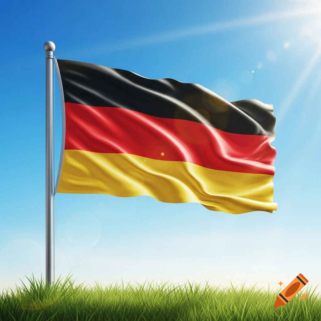 Photorealistic German flag waving on a flagpole against a bright blue sky with sun and green grass.