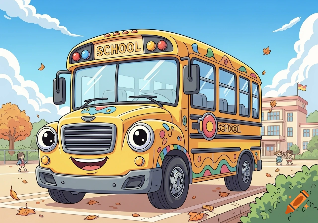 A smiling, cartoony yellow school bus with children and a school building, surrounded by autumn leaves.