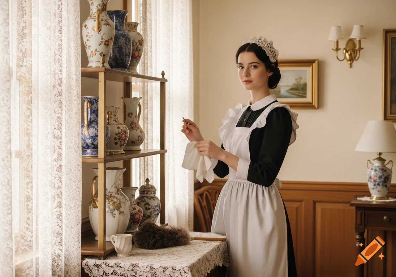 A young woman in a traditional maid uniform holds a duster and cloth, standing in an elegant room with decorative vases.