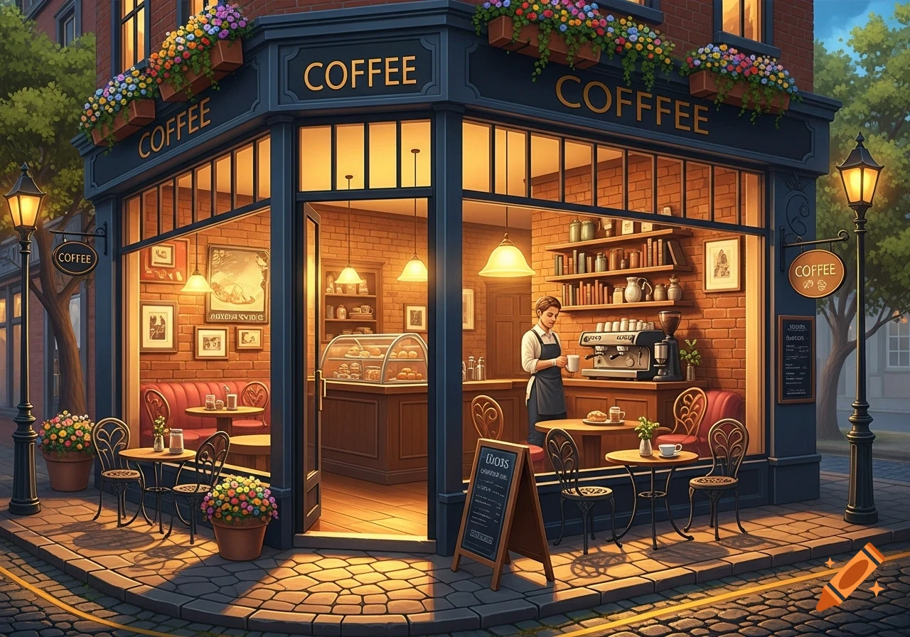 A charming, stylized coffee shop on a city corner with outdoor seating, glowing interior lights, and a barista inside.