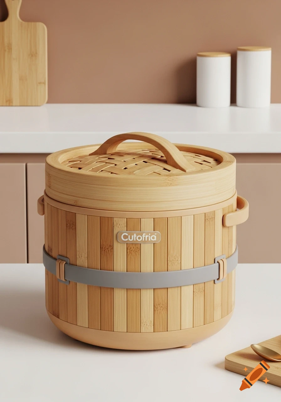 A wooden bamboo-style rice cooker with a grey band and a 'Cutofria' label on a kitchen counter.