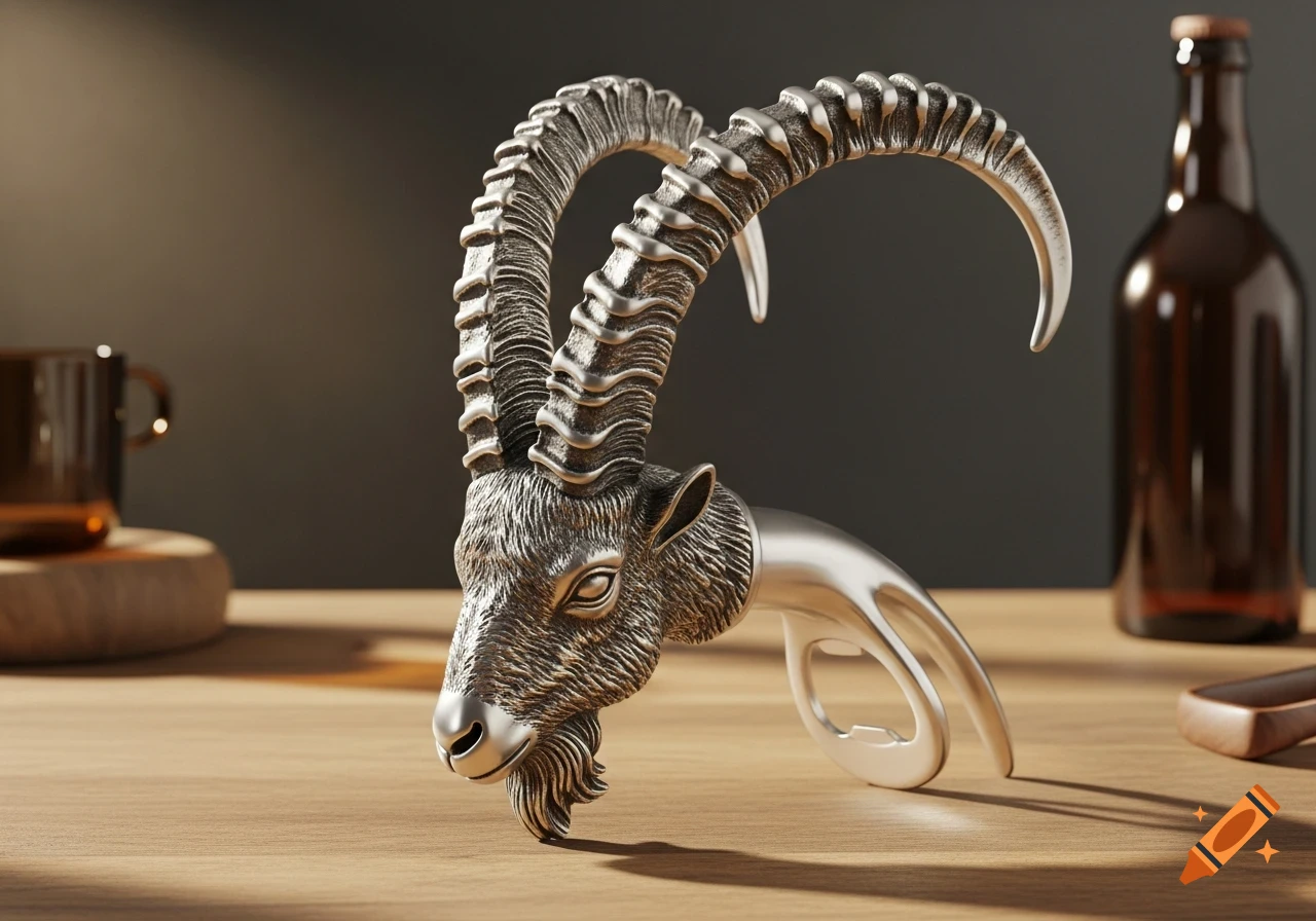 A detailed silver bottle opener shaped like an ibex head and horns, sitting on a wooden table next to a brown beer bottle and a mug. Photorealistic style.