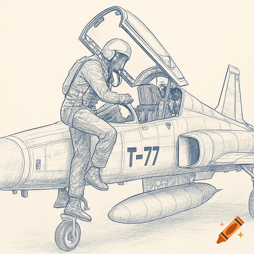 A fighter pilot climbs into the cockpit of a T-77 jet, rendered in a monochrome line art blueprint style.