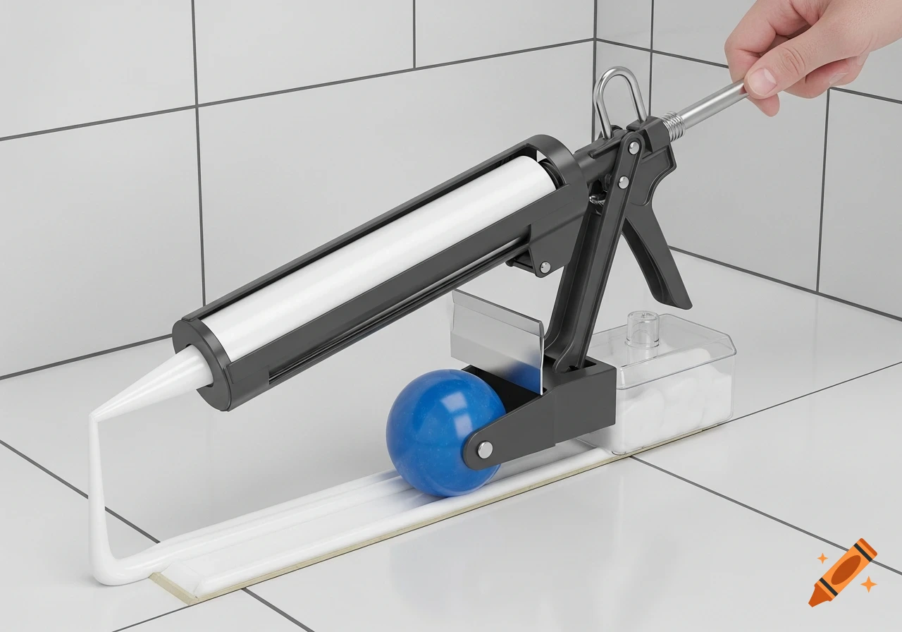 A detailed 3D rendering of a black caulking gun with a blue ball attachment applying white silicone sealant to a white tiled corner.