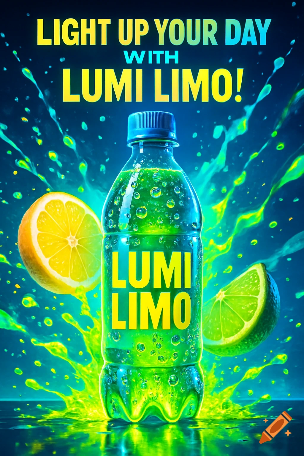 A glowing Lumi Limo soda bottle with lemon and lime slices amidst dynamic green splashes. Slogan: 'Light up your day with Lumi Limo!'