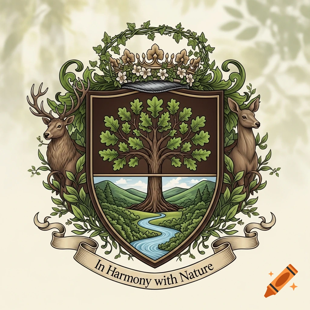 A heraldic coat of arms features a large oak tree above a river and forest, flanked by a deer and a stag, with a crown and ivy, and a banner reading 'In Harmony with Nature'.