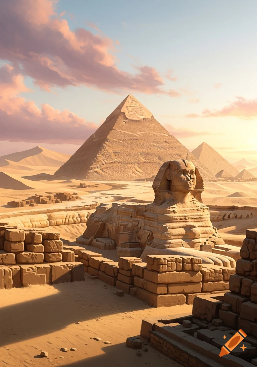 The Great Sphinx and Pyramids of Giza stand majestically in the warm desert during sunset.