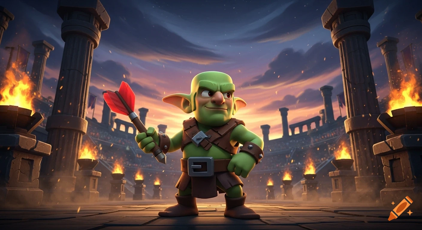 A green, cartoon-like goblin from Clash Royale holding a dart, standing in a torch-lit arena at sunset.