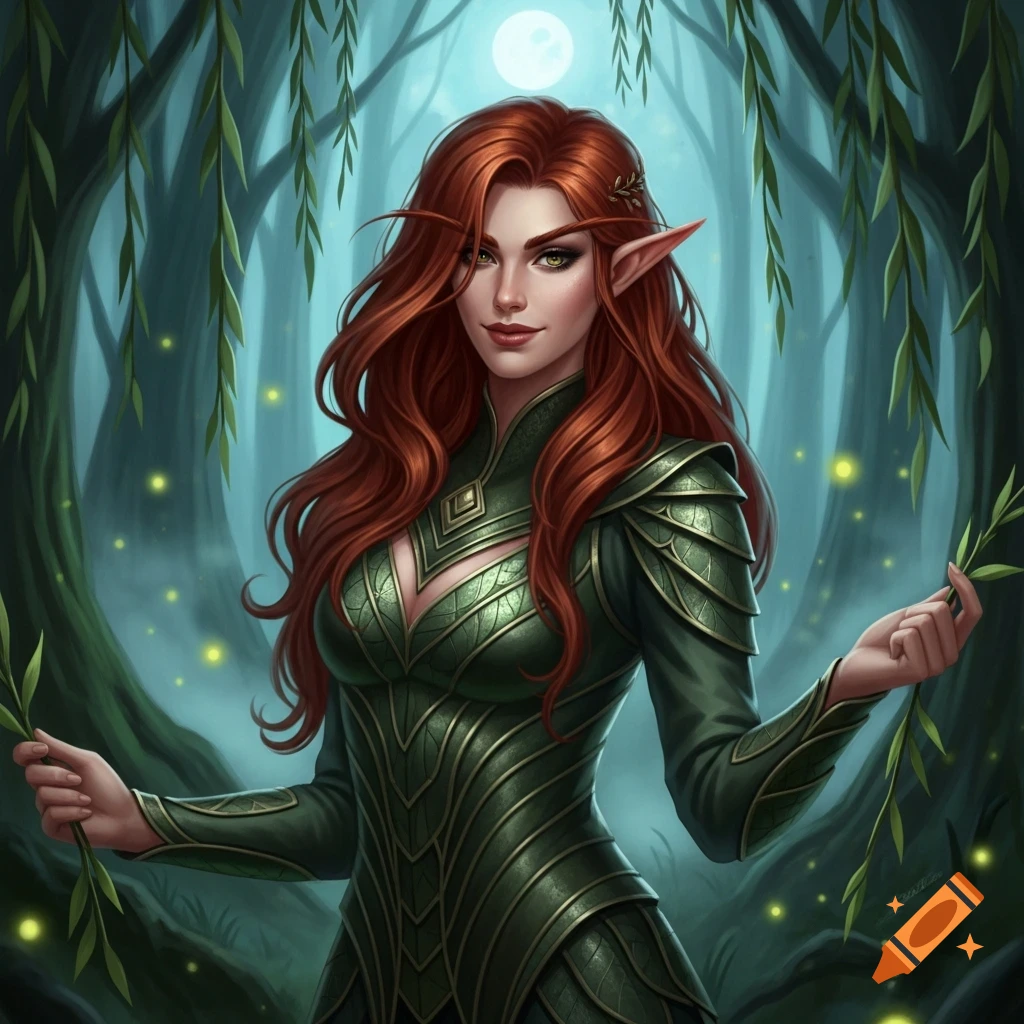 Red-haired elf woman with a sly smile, wearing green leaf armor, holding leaves in a mystical moonlit forest. Digital art.