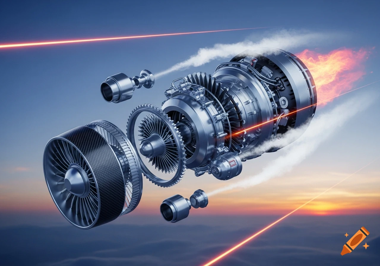 Exploded view of a jet engine with internal components visible, flying through a sunset sky with red laser beams.